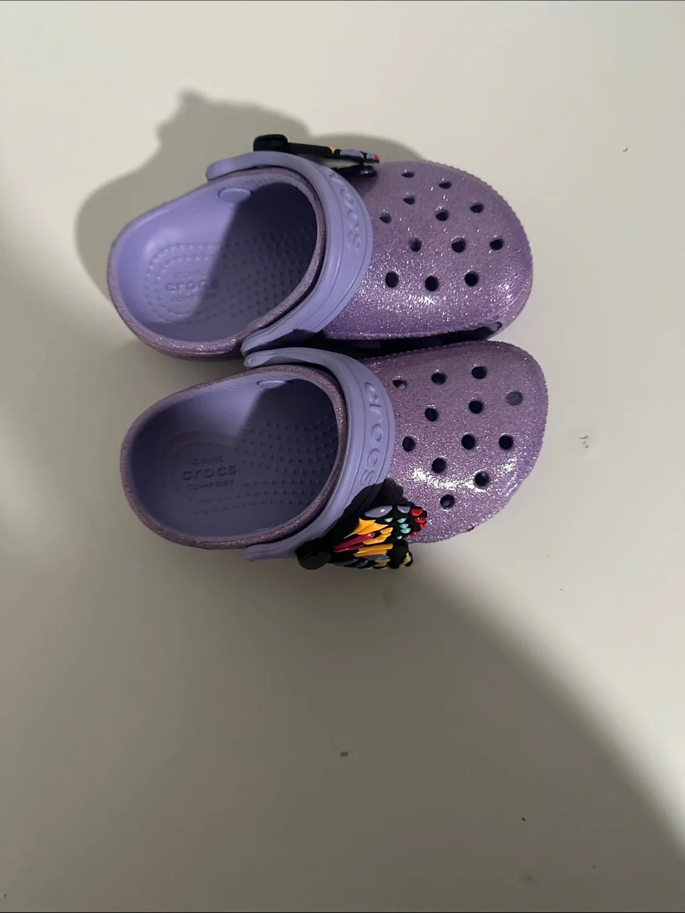 CROCS Kids' Glitter Lavender Clogs with Colorful Butterfly Charm